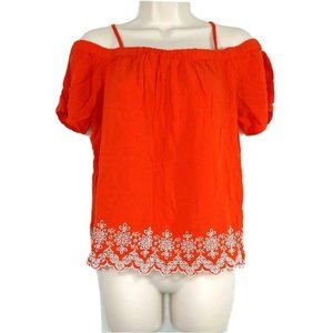 Old Navy Off Shoulder Crop Top Women Size SP Orange White Embroidered Short Slv